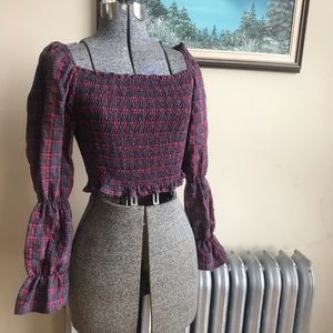 Plaid Cropped Puff Sleeve Smock Top